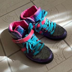 Neon pink purple and metallic silver Osiris high tops sneakers sz 8.5